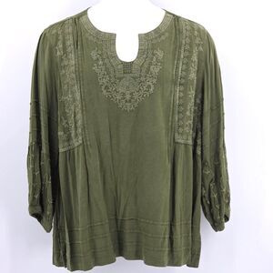 John Mark Embroidered Tunic Top Blouse Womens Size Small Green Boho Peasant